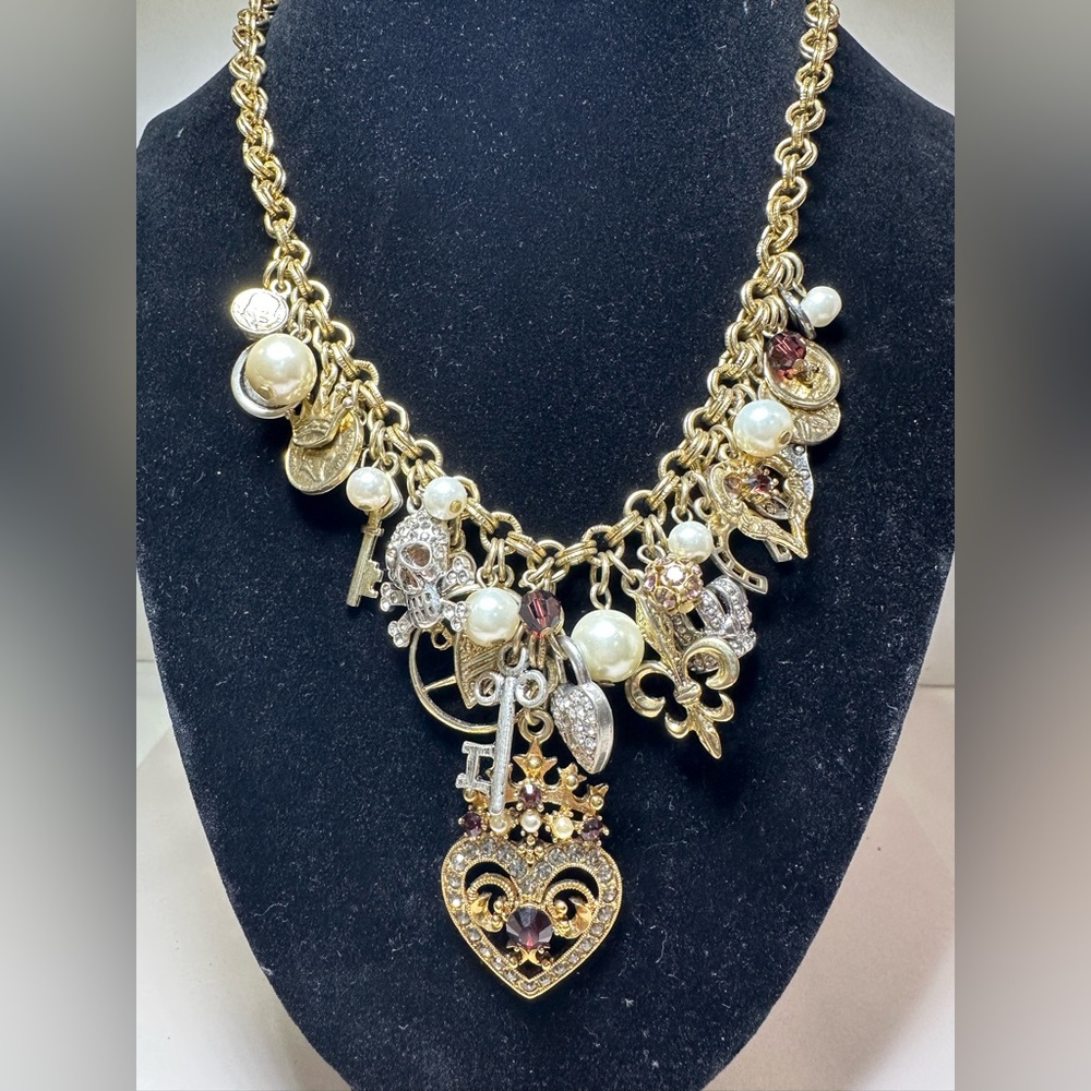 Vintage Graziano Gold Tone Multi Charm Necklace Crown Heart skull padlock key